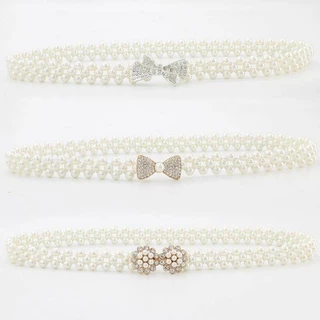 Vintage Jewelry ผู้หญิงเข็มขัดมุกเอวบางโซ่แฟชั่นเข็มขัดยางยืด