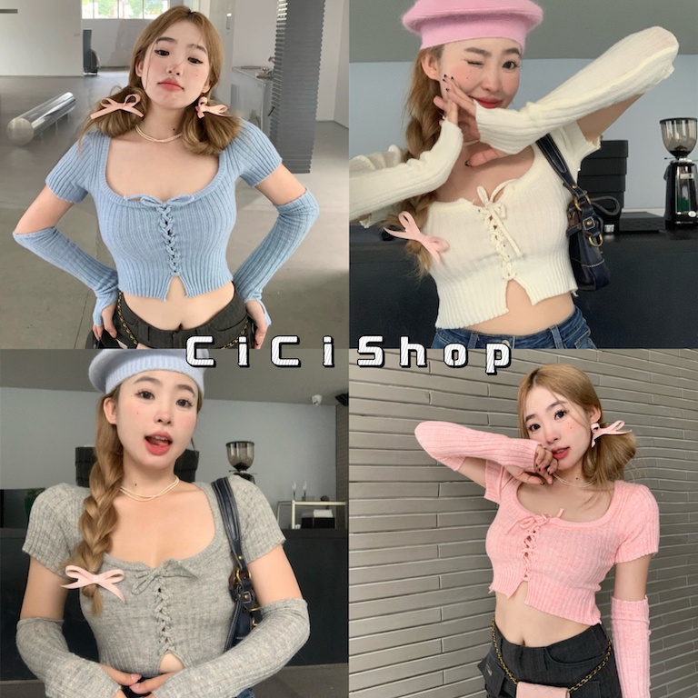 Cicishop(SALE 22561)Minicrop Set เสื้อครอปไหมพรม+ปลอกแขน ดีเทลผูกเชือกน่ารักๆ สไตล์สายเกา