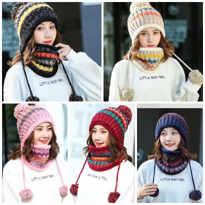 [หนา] หมวกไหมพรม+ผ้าพันคอ  แบบ colorful KR30