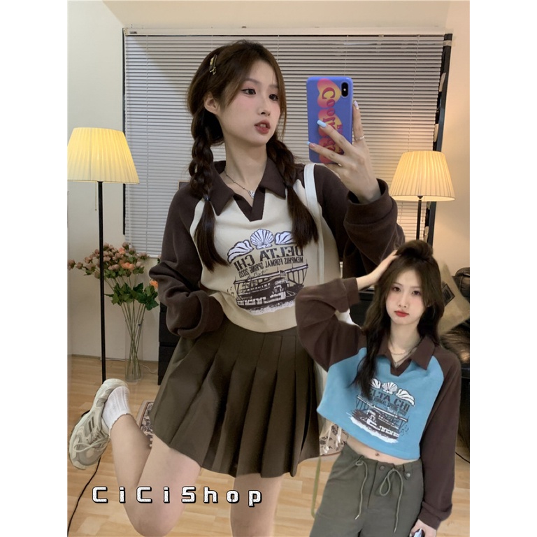 Cicishop(45636)เสื้อครอปแขนยาวคอปก กรีนลายหน้า สีทูโทน เก๋ๆ แมทช์กับอะไรก็สวย น่ารัก ใส่ได้ทุกวัน