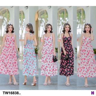 J16838 เดรสยาวลายดอกกุหลาบ สายคล้องคอ Long dress with rose pattern, halter neckline