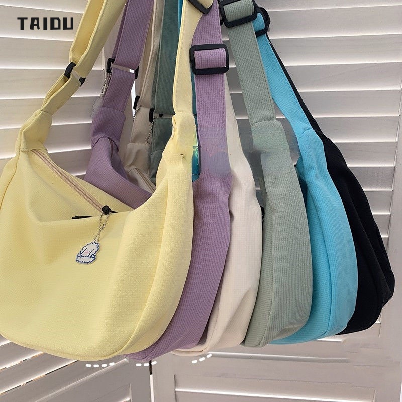 TAIDU กระเป๋านักเรียน ถุงเกี๊ยวสีทึบ วาฟเฟิลเกาหลี ลำลอง อเนกประสงค์และเรียบง่าย อินเทรนสุดๆ