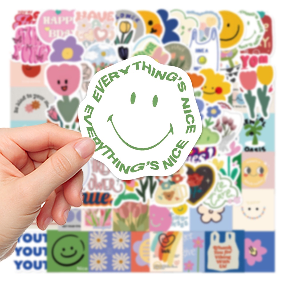 สติกเกอร์ PVC ลายดอกไม้และหน้ายิ้ม กันน้ํา สําหรับตกแต่งสมุดภาพ 90 ชิ้น