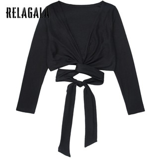 Relagala เสื้อยืดแขนยาว คอวี เข้ารูป สีพื้น แฟชั่นสตรี