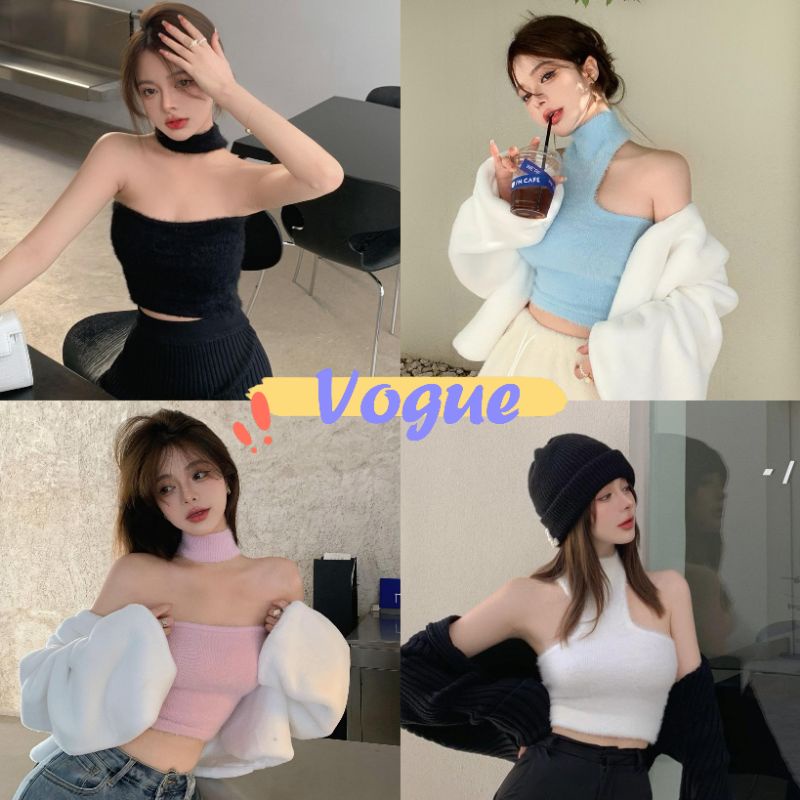 Vogue พร้อมส่ง เสื้อกล้ามคอเต่าเว้าหลัง ดีเทลขนมุ้งมิ้ง ใส่ได้2แบบ เลือกได้ตามชอบ (60122) -C