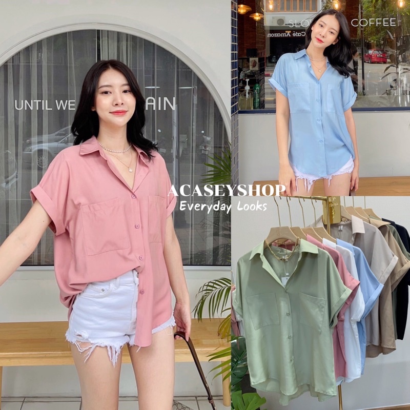 Acasey เสื้อเชิ้ตผู้หญิง แขนสั้น อินเทนสุดๆๆสไตล์เกาหลี ดีเทล 2กระเป๋า แขนเต่อพับ งานเกาหลี พร้อมส่ง