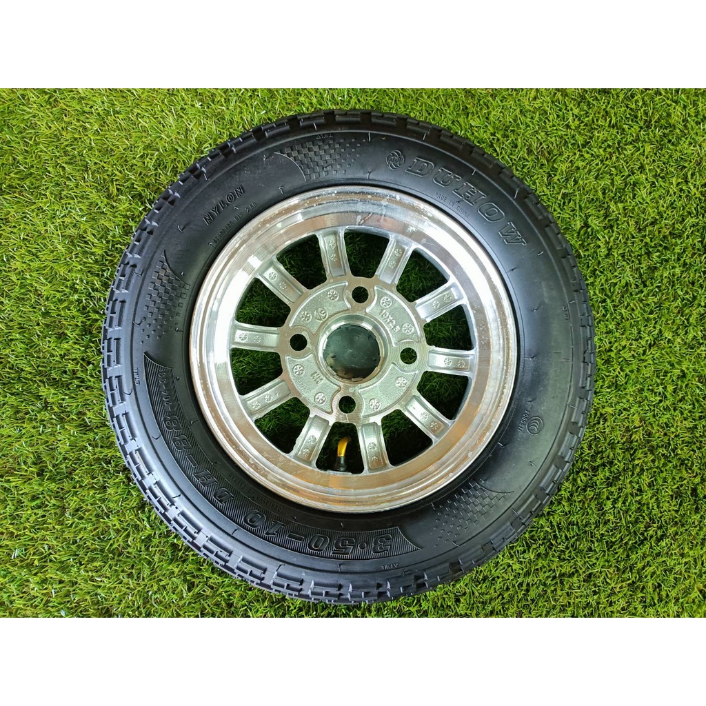 ล้อกะทะพร้อมยาง+แม็ก สำหรับรถไฟฟ้า ขนาดรู 4-100 ขนาดกะทะ 3.5-10 (10นิ้ว) รวมยาง 17นิ้ว