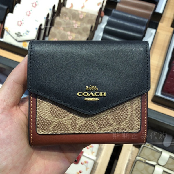 กระเป๋า coach ของแท้♗❁✑US ซื้อ COACH/ Coach กระเป๋าสตางค์ผู้หญิงใบสั้นสามพับกระเป๋าใส่บัตรใหม่หนังพลิกซองใส่เหรียญ