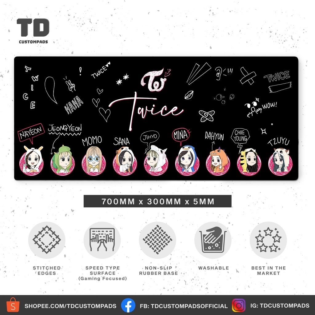 Twice Doodle Black - แผ่นรองเมาส์สําหรับเล่นเกมแบบขยายแบบกําหนดเอง (มี 2 ขนาด)