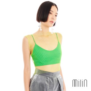 [MILIN] Angio top Netted crystal overlay scoop neck spaghetti strap crop top เสื้อสายเดี่ยวทรงครอปคลุมตาข่ายคริสตัล