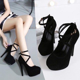 ❈✐﹍Stiletto รองเท้าส้นสูงหนังนิ่มสายไขว้ฤดูใบไม้ร่วงใหม่สายรัดข้ามเซ็กซี่รอบนิ้วเท้าแพลตฟอร์มกันน้ำสีดำรองเท้าผู้หญิง