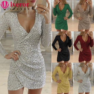 Lveror Mini Dress Long-sleeved V-neck Sequined Embroidered Party sexy Fashion