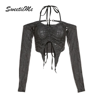 Sweeticme ใหม่ เสื้อยืดลําลอง แขนยาว เปิดไหล่ ทรงสลิม สีพื้น แฟชั่นสําหรับสตรี 2022