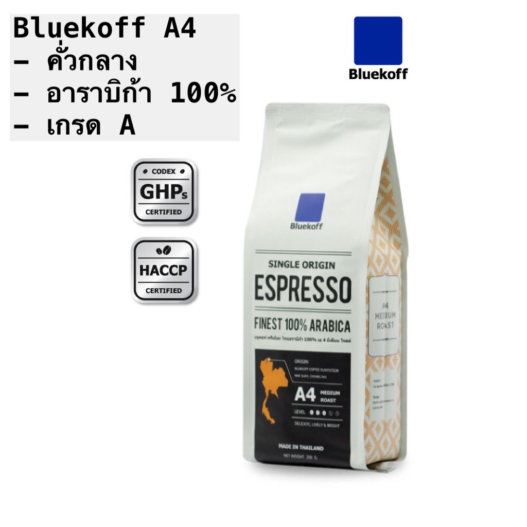Bluekoff A4 เมล็ดกาแฟ ไทยอาราบิก้า คั่วกลาง (Medium Roast)  250 กรัม