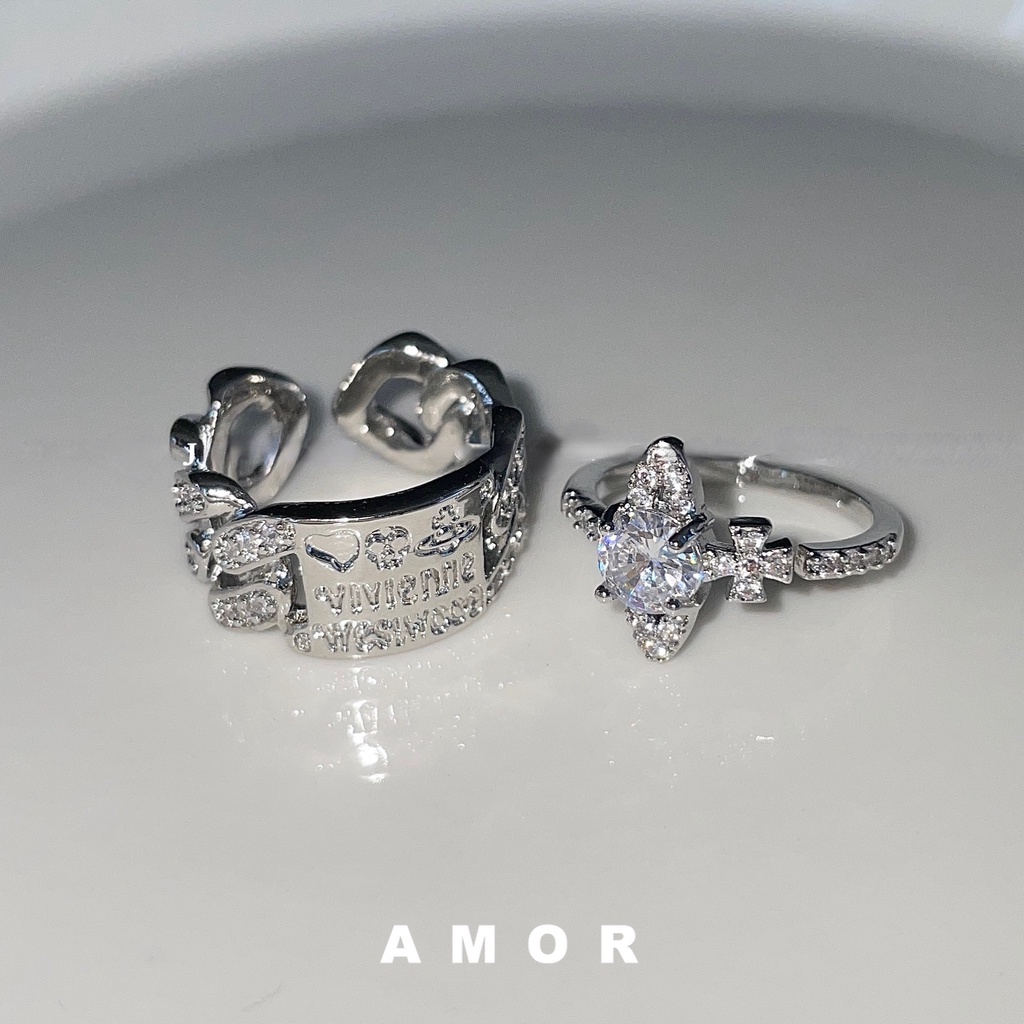 Westwood Vivien Empress Dowagers Diamond Ring Set Letter Zircon Planet Ring คู่
