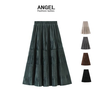 【 4 สี 】 ANGEL แฟชั่นผู้หญิงกระโปรง midi สีทึบกํามะหยี่เกาหลียืดหยุ่นสูง A-line สีแดงบางกระโปรงจีบขนาดใหญ่กระโปรงเค้กยาวสําหรับผู้หญิง