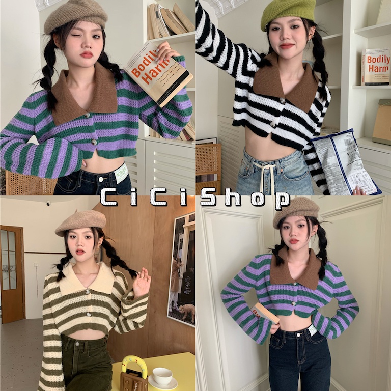 Cicishop(3A133)เสื้อครอปไหมพรมKhit คอปกลายทาง กระดุมหน้า แมทช์กับชุดไหนก็เพิ่มความละมุนได้ดีสุดๆ