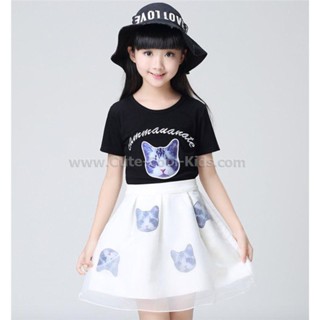 DT-081 ชุดเสื้อ+กระโปรงเด็ก ลายแมว Size-120 (5-6Y)