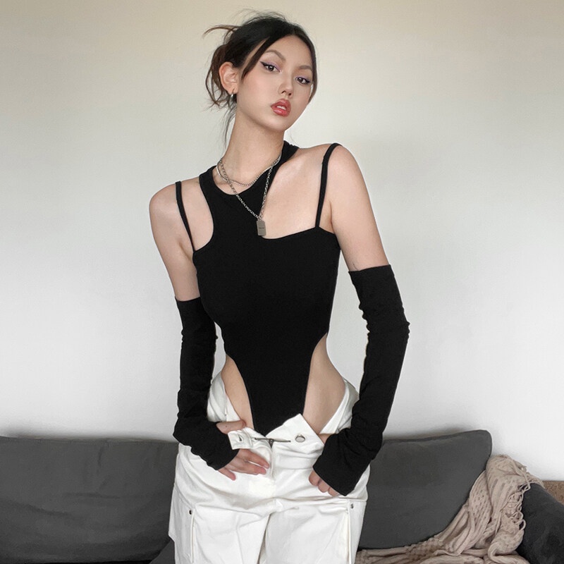 แปลก Puss แฟชั่นบอดี้สูท Street เซ็กซี่ไม่สม่ําเสมอออกแบบ Slim แขนยาวลําลองผู้หญิง