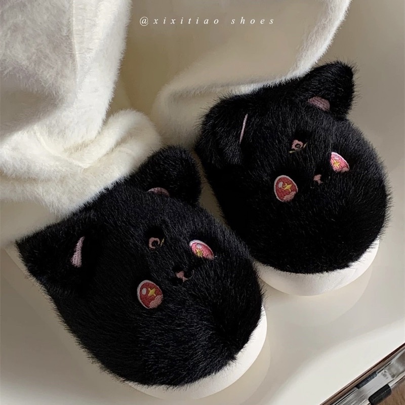 🌙 รองเท้า รองเท้าลายแมวดำ พระจันทร์ ตาวิ้งๆ Slipper สลิปเปอร์ขนนุ่ม 49031