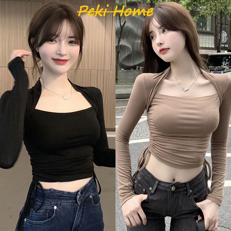 เสื้อครอปแขนยาวมีฮู้ด วัยรุ่นน่ารัก เสื้อผ้าแฟชั่นผู้หญิง สื้สตรีท 2ชิ้น กล้ามเอวลอย พิมพ์ลายสไตล์เกาหลี