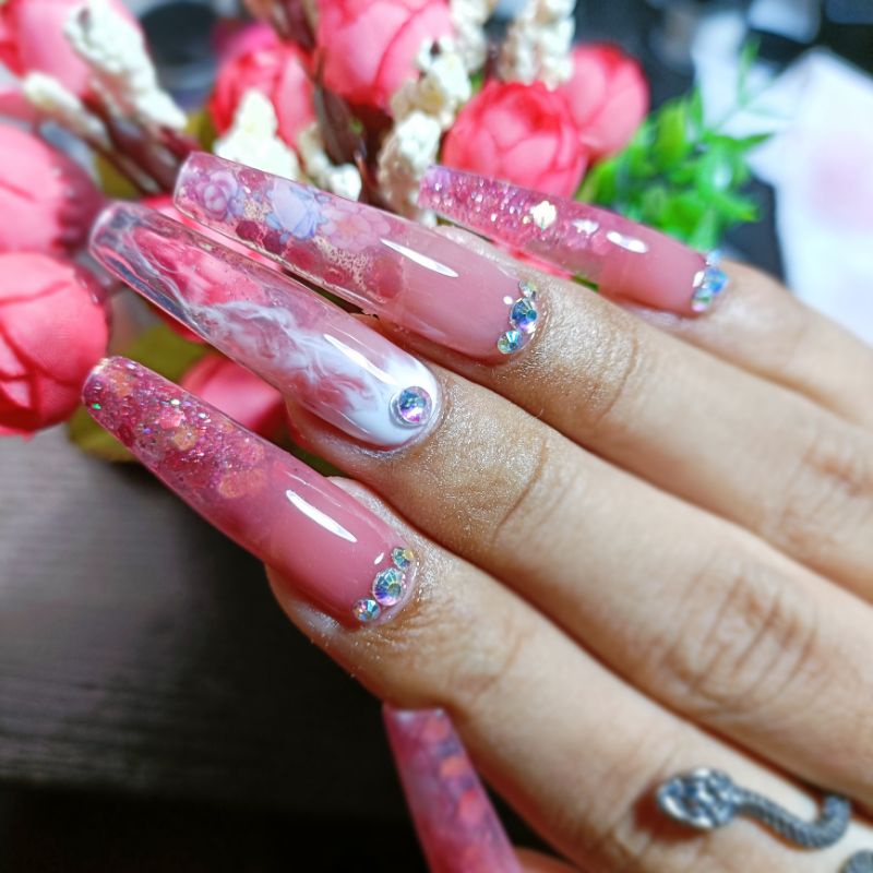 เล็บปลอมสายฝอ บัลเล่ต์ยาว ลายดอกไม้ press on nails