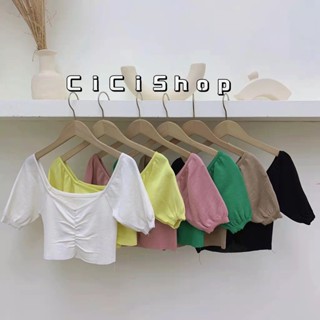 Cicishop(A985)Tinycrop top เสื้อครอปปาดไหล่จั๊มแขน  ผ้ายืดเซกซี่ปังๆ