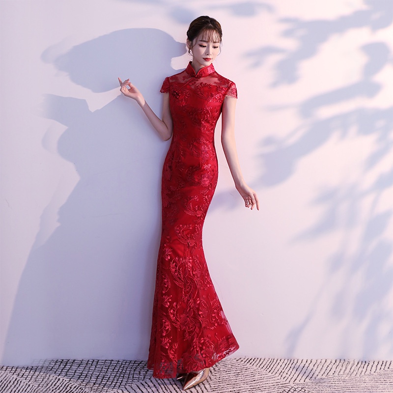 Lace Mermaid Chinese Style Lady Cheongsam Long Tight Elegant Dress Big Size 3xl Vestidso Vintage Red Bride Wedding Qip