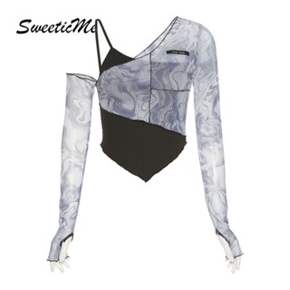 Sweeticme ใหม่ เสื้อสายเดี่ยว แขนยาว พิมพ์ลาย ทรงสลิม เซ็กซี่ แฟชั่นสําหรับสตรี 2022