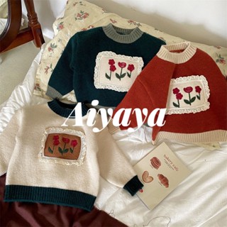 Aiyaya เสื้อกันหนาวเด็กผู้หญิง เสื้อสเวตเตอร์ลายดอกไม้สไตล์เกาหลีของสาวๆ（352）