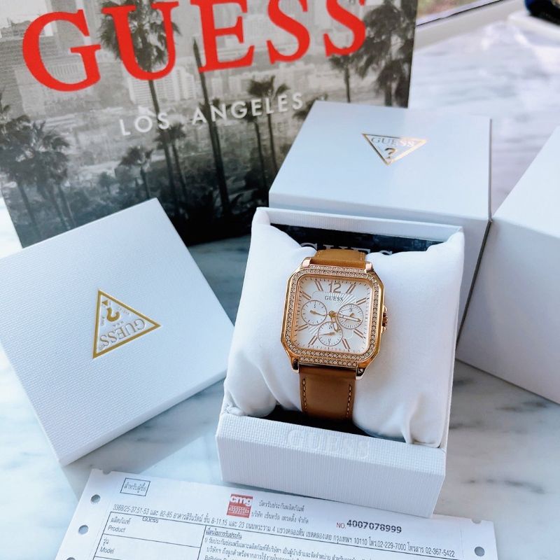 ⌚นาฬิกาGuess ตัวเรือนสเตนเลสสีโรสโกลด์  สายหนังสีน้ำตาล📌แจ้งแม่ค้าเช็คสต๊อกก่อนค่ะทุกรายการค่ะ