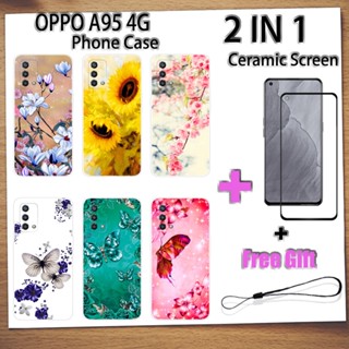 2 IN 1 เคสโทรศัพท์ OPPO A95 4G พร้อมกระจกนิรภัยกันรอยหน้าจอเซรามิค ฟิล์มโค้ง ผีเสื้อ