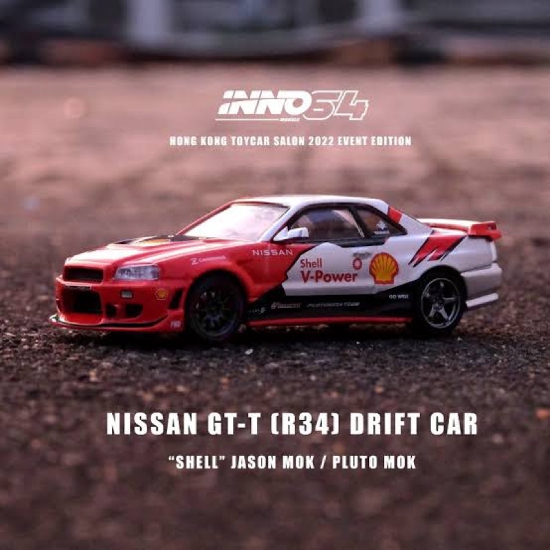 Nissan Skyline R34 GTT Drift Car "SHELL"Jason Mok / Pluto Mok Scale 1:64 ยี่ห้อ Inno64