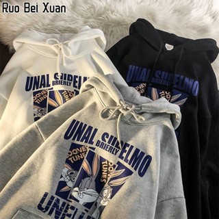 RUO BEI XUAN เสื้อกันหนาวมีฮู้ดแขนยาวพิมพ์ลาย Bugs Bunny สไตล์เรโทร เสื้อกันหนาว unisex