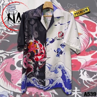 เสื้อฮาวาย ลายปลาคาร์ฟแดง ชมพู A539 ผ้าไหมอิตาลี