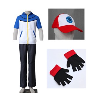 3pcs/set Adult Kids Pokemon Cosplay Costume ASH KETCHUM Blue Coat Gloves Hat Accessories Trainer Costume Halloween Birthday Party Full Set