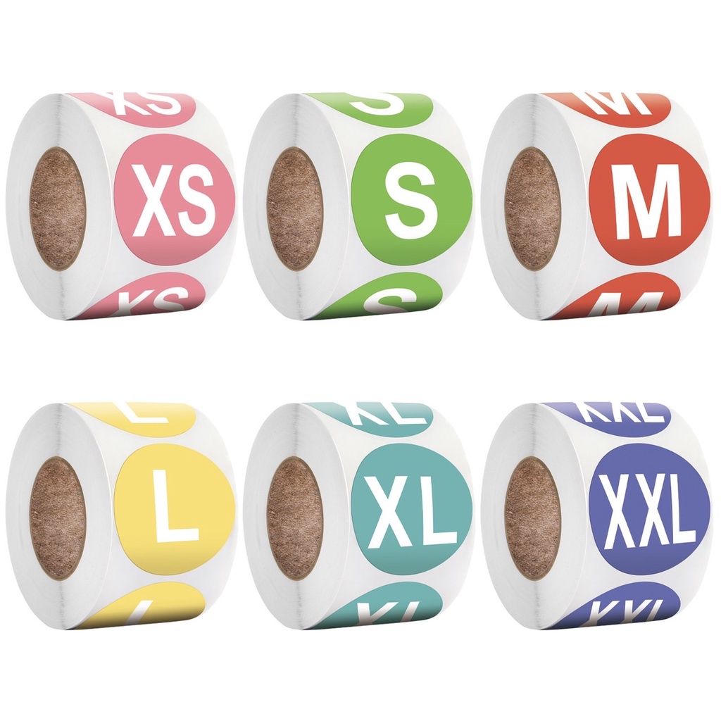 พร้อมส่ง XS-3XL หลายสี สติ๊กเกอร์ sticker ติดไซส์ เสื้อผ้า วงกลม สติกเกอร์ไซส์ สติกเกอร์ไซส์เสื้อ size (500ดวง/ม้วน)