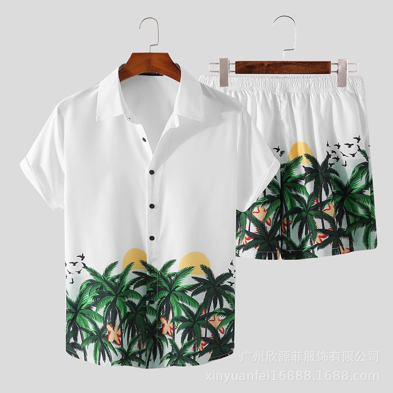 ABeach Clothes Men Summer Fashion Clothing 2 Piece Set Mens Floral Print Hawaiian Shirt Set Short Sleeve Shirt and Sho04 #4