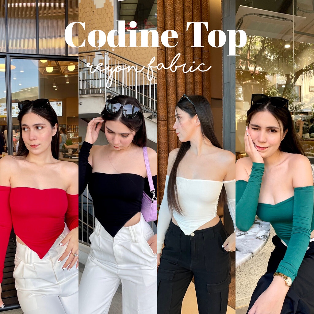 Codine Top เสื้อปาดไหล่ต่อแขน ด้านหน้าแต่งดีเทลสามเหลี่ยมปิดพุง ผ้า2ชั้นทั้งตัว ไม่บางน๊า