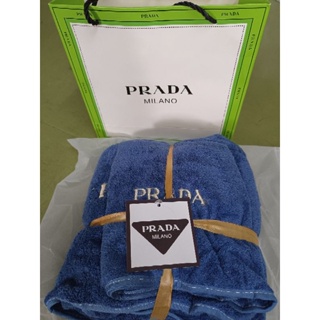 ผ้าเช็ดตัว+เช็ดผม ขนนุ่มสีน้ำเงิน ปักลายPRADA พร้อมถุงกระดาษแบรนด์