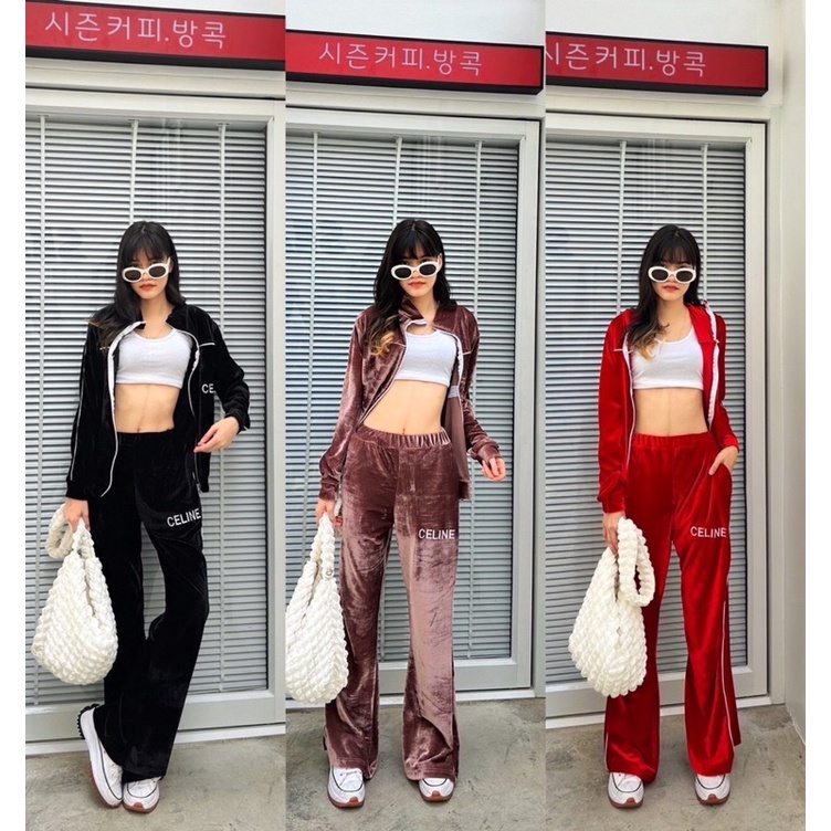 Velvet Jacket Set  เซทแจ็คเก็ตแขนยาวคอปีน มาพร้อมกางเกงขาม้า ตีเกล็ดข้าง ปักโลโก้ ทั้งแจ็คเก็ตและกาง