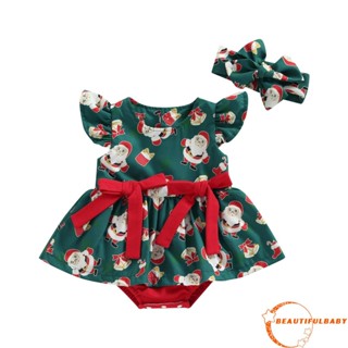 Beauty-christmasเด็กผู้หญิง Romper Dress ชุดจั๊มสูทแขนบินพิมพ์ซานตาคลอสพร้อมที่คาดผมสําหรับเด็กวัยหัดเดิน