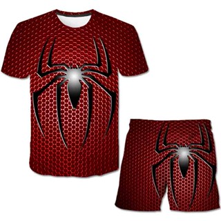 ใหม่ ชุดเสื้อยืด แขนสั้น ลาย Marvel Spider man และกางเกงขาสั้น ลําลอง แฟชั่นสําหรับเด็กผู้ชาย และเด็กผู้หญิง