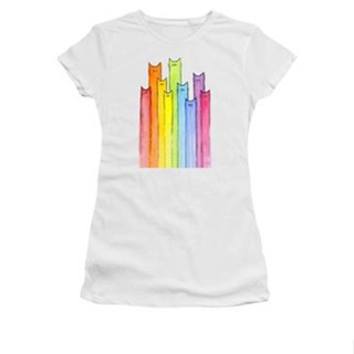 Cat Rainbow Watercolor Pattern Womens T-Shirt เสื้อยืดสวยๆ เสื้อยื