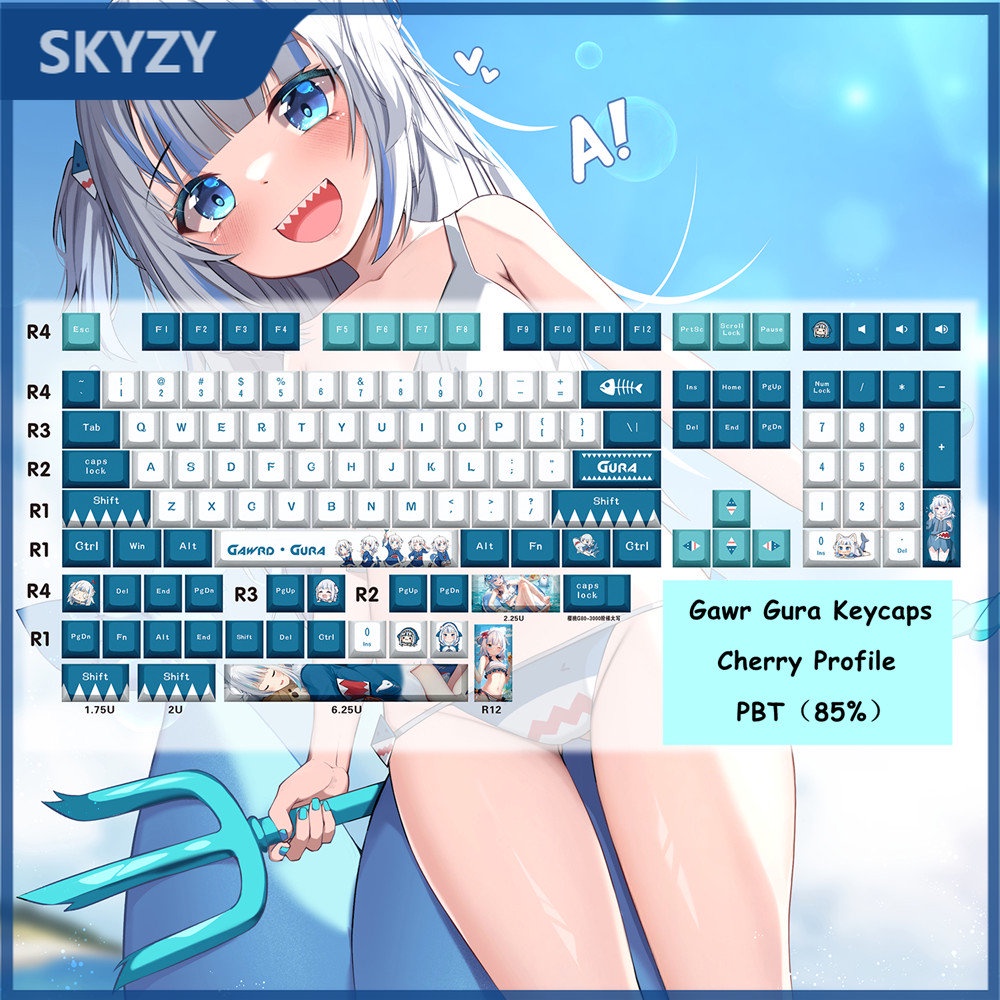 Gawr Gura Keycaps Cherry Profile อนิเมะ PBT Dye Sub คีย์บอร์ดแบบกลไก Keycap