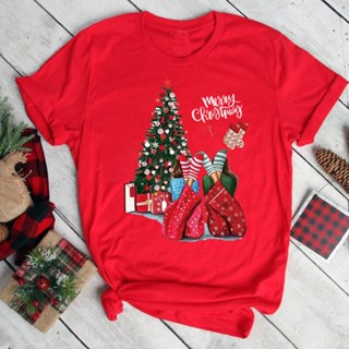 Merry Christmas Print Fashion Women Tshirt Funny Girl Graphic T Shirt Women Christmas O Neck Black Red T-shirt  เสื้อยืด