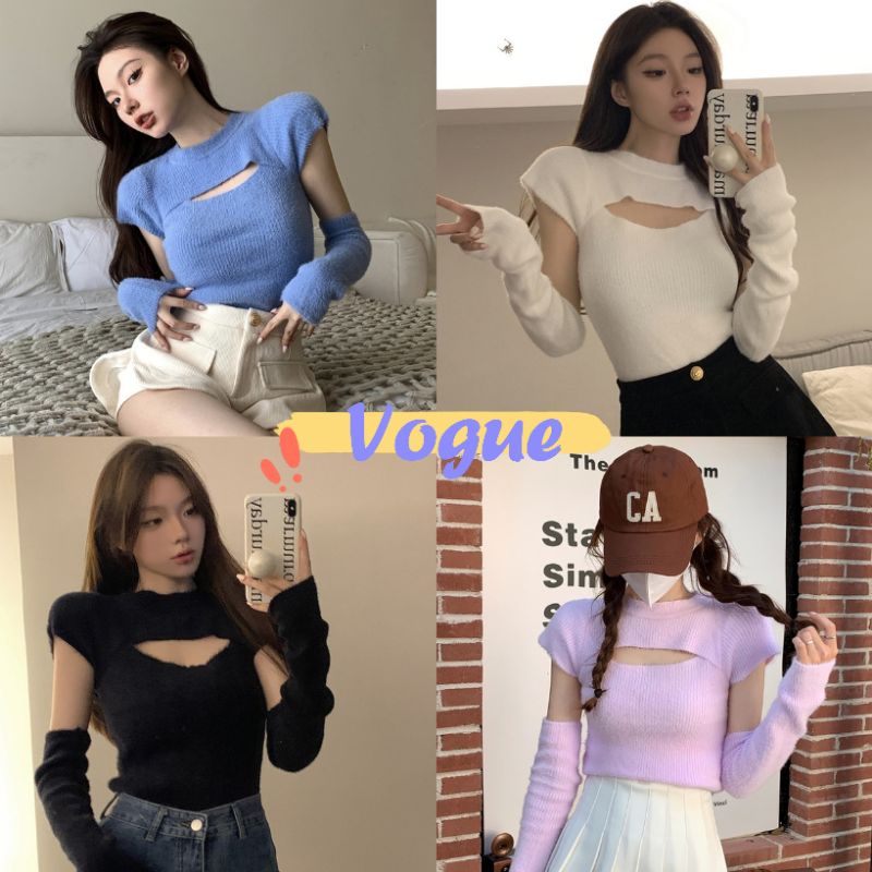 Vogue พร้อมส่ง เสื้อไหมพร แขนสั้น เว้าหน้าอกเล็ก แถมปลอกแขน ดีเทลไหมพรมขนๆมุ้งมิ้ง (11099) -C
