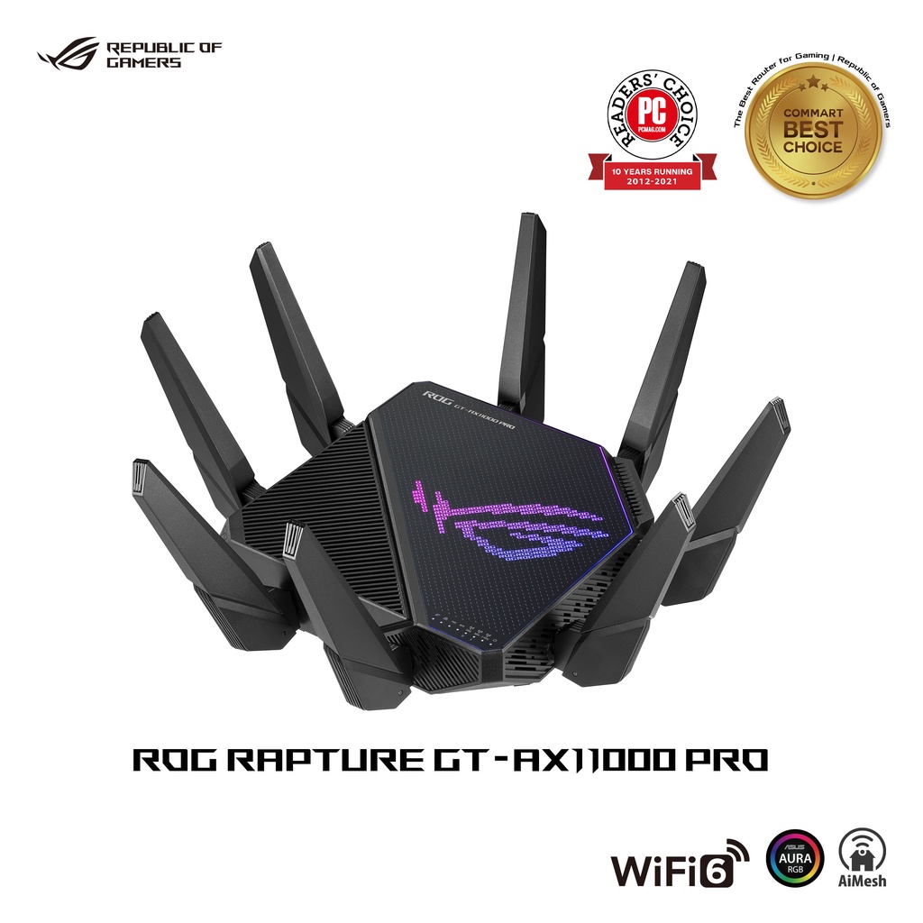 ASUS ROG Rapture GT-AX11000 PRO Tri-Band WiFi 6 gaming router, 2.5G port, 10G port, enhanced hardware, ASUS RangeBoost Plus, 5.9 GHz, AiMesh support.