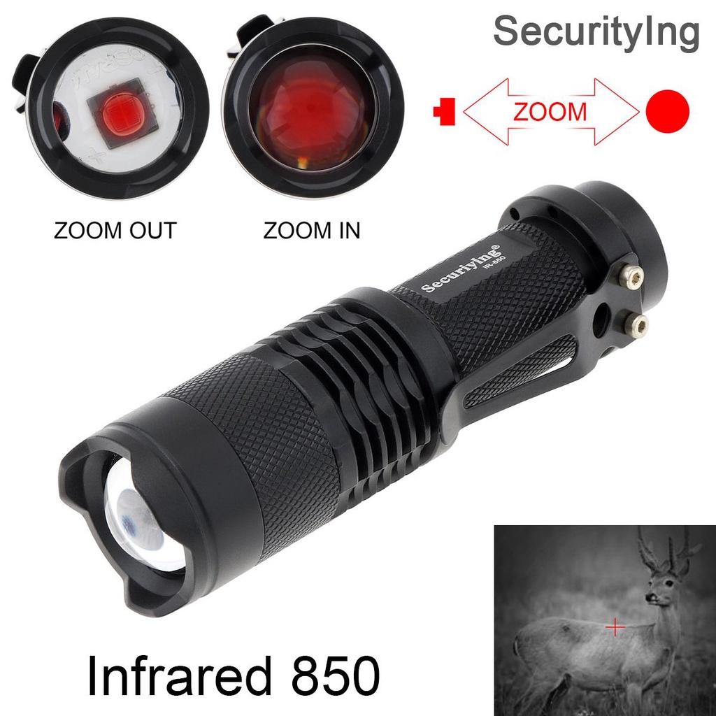 SecurityIng IR ไฟฉายล่าสัตว์ Zoomable 850nm ไฟ LED อินฟราเรดรังสี IR Night Vision ไฟฉายใช้ 14500 / แบตเตอรี่ AA พร้อมกระเป๋าคลิปสแตนเลส