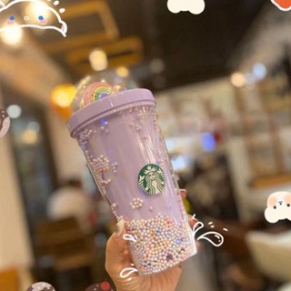 Starbucks แก้วหลอดดูด สีม่วง เขียว ฟ้า ชมพู ใช้ซ้ําได้ พร้อมหลอดดูด 21.5x10x6.5 ซม. 1 ชิ้น